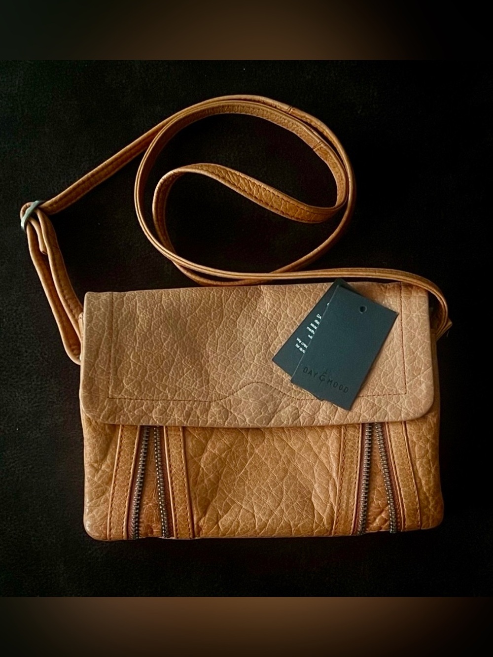 NWT Day & Mood Genuine Leather Crossbody Bag - Tan / Cognac Zippers
